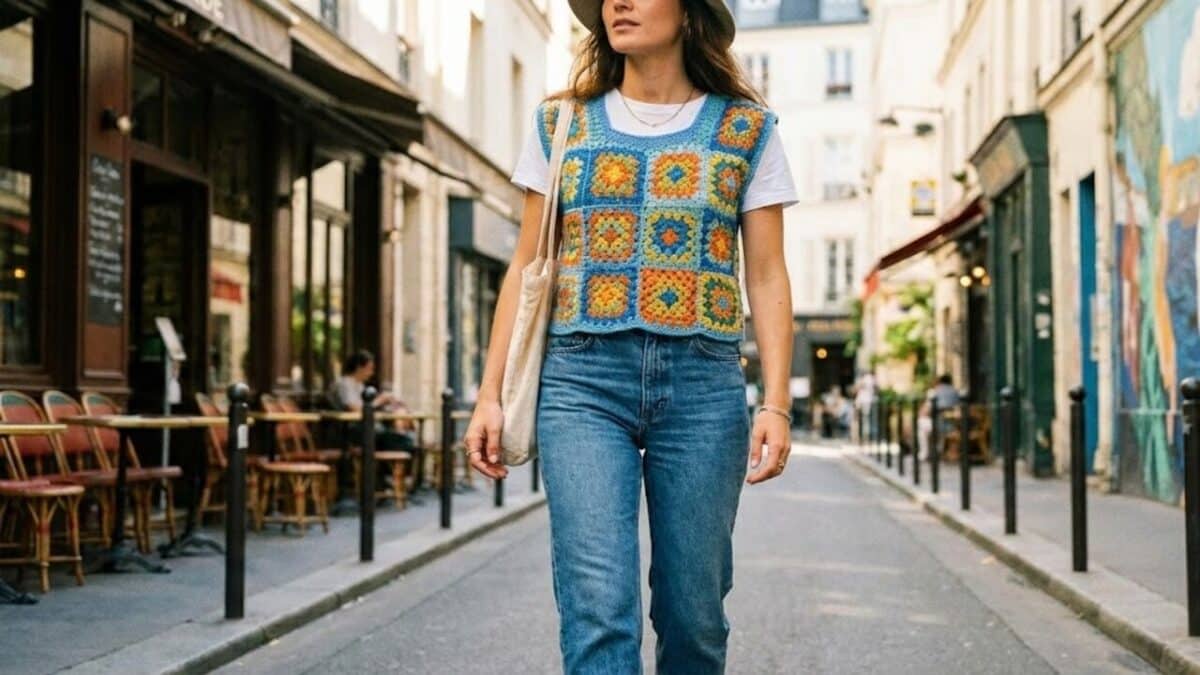 Modelo caminhando em uma rua vestindo um colete de crochê colorido em padrão de quadradinhos da vovó sobre camiseta branca e calça jeans.