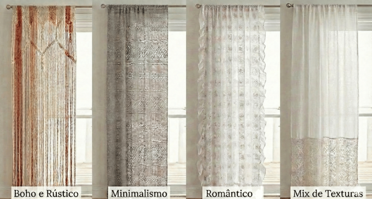 Uma montagem com quatro modelos diferentes de cortinas artesanais penduradas em janelas iluminadas. Da esquerda para a direita: Boho e Rústico, Minimalismo, Romântico,Mix de Texturas