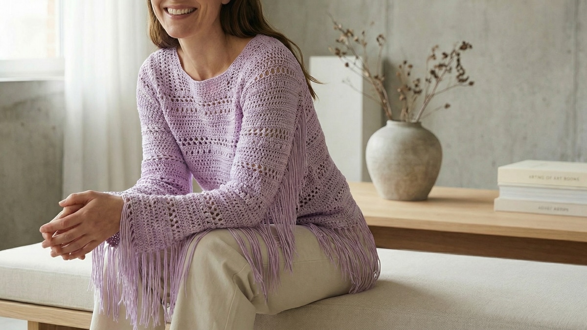 Mulher sorrindo em ambiente urbano sofisticado de estúdio minimalista, usando blusa de crochê artesanal lilás com franjas delicadas nas barras e mangas, design boho-chic moderno