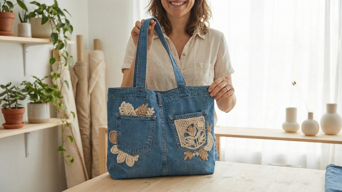 Mulher sorrindo em ambiente urbano criativo de estúdio com estética sustentável, mostrando bolsa jeans com upcycling de crochê artesanal, confeccionada a partir de denim azul médio reutilizado com aplicações de crochê em algodão cru e tons naturais
