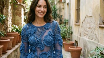 Mulher sorrindo usando blusa de crochê azul em cenário urbano de verão