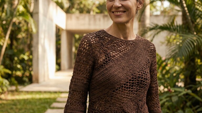 Mulher usando blusa de crochê marrom artesanal em ambiente ao ar livre no Brasil com luz natural