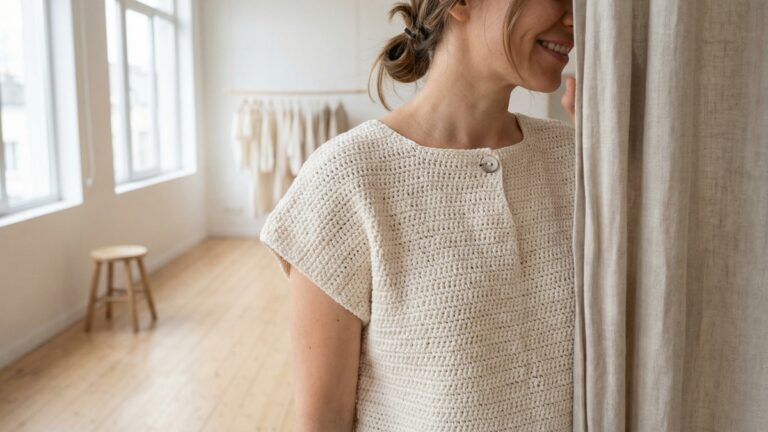 Mulher usando blusa de croche artesanal em off-white, estilo feminino contemporaneo