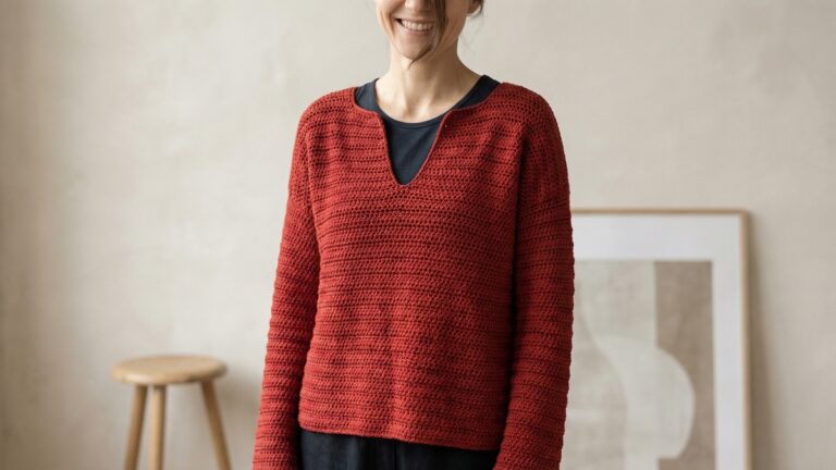 Mulher usando blusa de croche vermelha artesanal em estudio minimalista com iluminacao natural e fundo claro