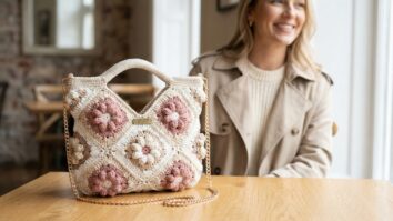 Mulher sorrindo com bolsa de crochê floral em tons naturais sobre mesa de madeira