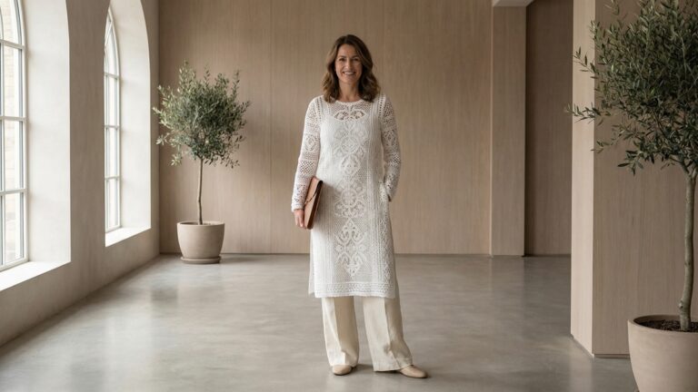 Cena editorial de moda sofisticada em ambiente interno elegante com mulher sorrindo usando blusa de crochê artesanal em formato de túnica alongada, com fendas laterais sutis e transparência estratégica.