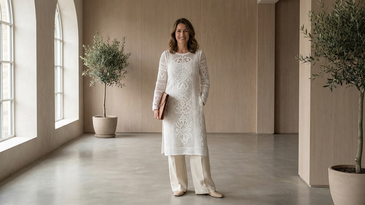 Cena editorial de moda sofisticada em ambiente interno elegante com mulher sorrindo usando blusa de crochê artesanal em formato de túnica alongada, com fendas laterais sutis e transparência estratégica.