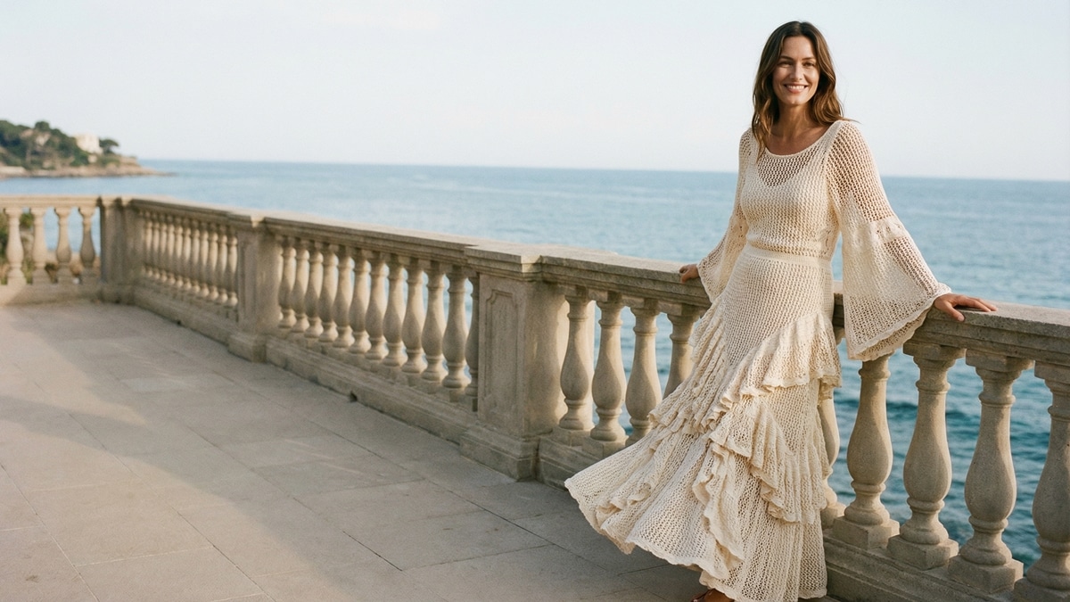 Cena editorial de moda sofisticada em ambiente externo elegante com mulher sorrindo usando vestido de crochê artesanal em estilo boho-romântico, apresentando babados delicados na saia e mangas ciganinha amplas