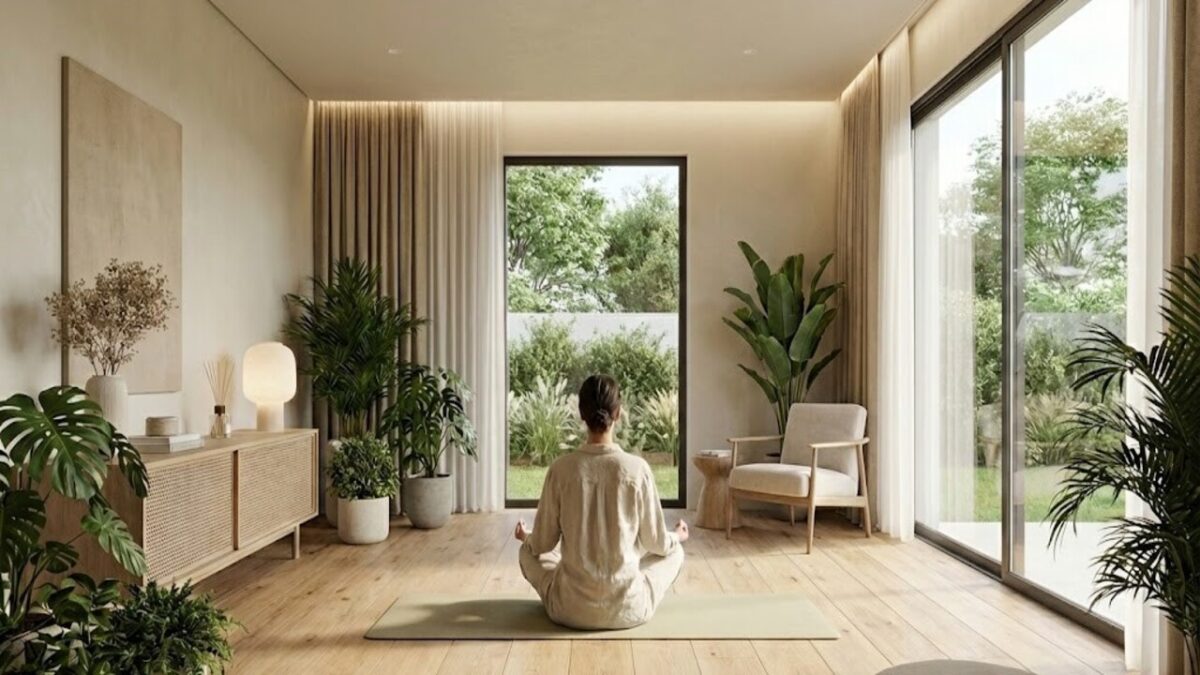 Interior de uma sala de bem-estar moderna com design biofílico, apresentando muitas plantas, móveis de madeira minimalistas e uma pessoa praticando mindfulness (atenção plena) em um ambiente relaxante.