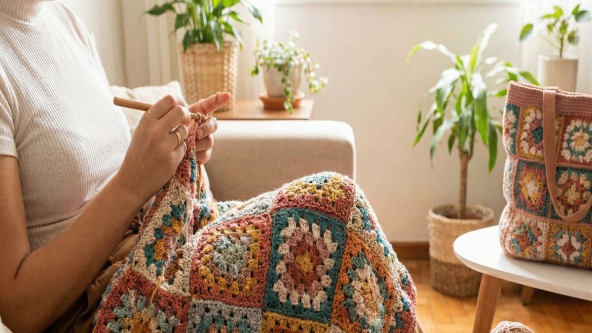 Mulher fazendo quadradinhos da vovó em crochê no sofá de casa