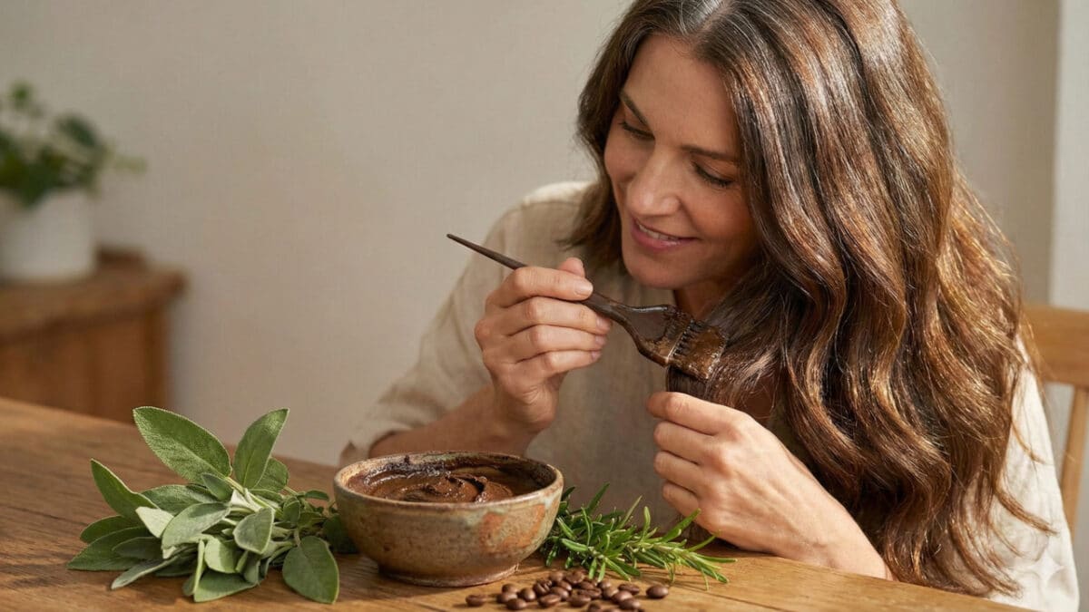 Mulher usando produto natural para tingir cabelos grisalhos