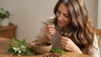 Mulher usando produto natural para tingir cabelos grisalhos