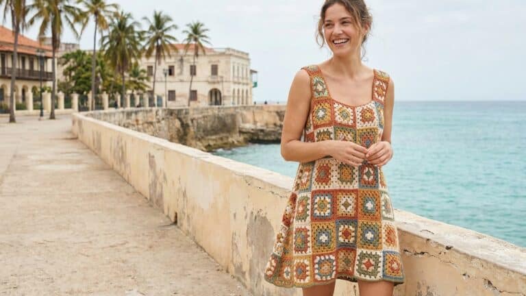 Mulher sorrindo usando vestido de granny squares coloridos ambiente tropical