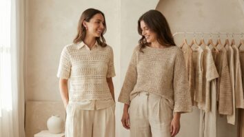 Duas mulheres sorrindo com blusas de crochê em tons neutros elegantes