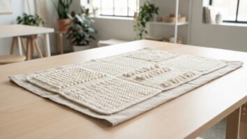 Ambiente artesanal clean e contemporâneo de estúdio minimalista ou mesa decorativa neutra, apresentando painel têxtil ou amostra decorativa de crochê artesanal finalizada, composta por diferentes pontos de crochê texturizados — pontos pipoca, ponto avelã, ponto segredo e variações em relevo