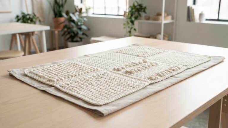 Ambiente artesanal clean e contemporâneo de estúdio minimalista ou mesa decorativa neutra, apresentando painel têxtil ou amostra decorativa de crochê artesanal finalizada, composta por diferentes pontos de crochê texturizados — pontos pipoca, ponto avelã, ponto segredo e variações em relevo