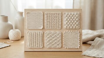 Close-up de painel com amostras variadas de pontos de crochê mostrando texturas diferentes em tons neutros