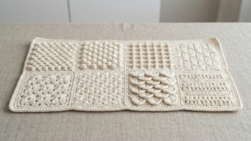 Painel de crochê com múltiplos pontos texturizados em algodão cru apresentado como amostra decorativa