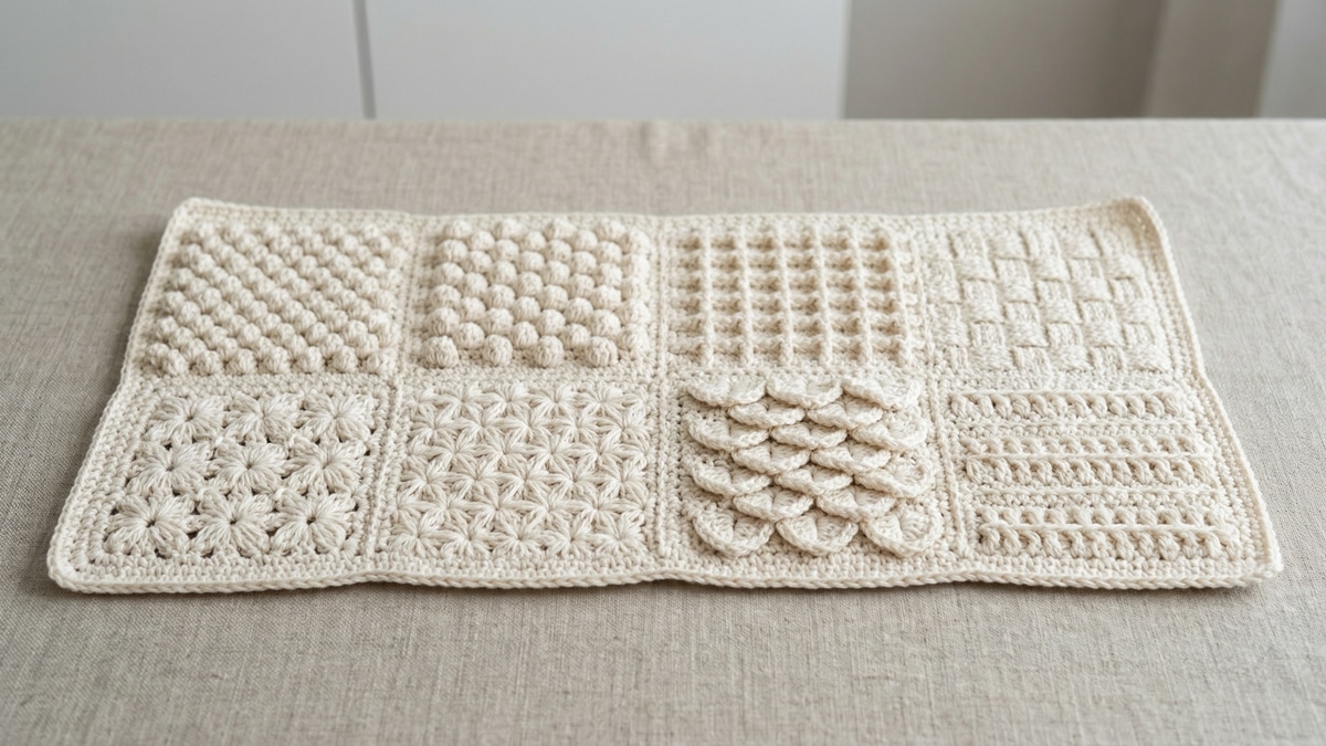 Painel de crochê com múltiplos pontos texturizados em algodão cru apresentado como amostra decorativa