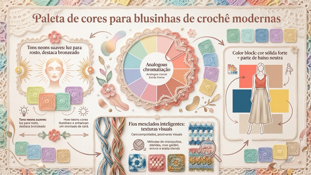 Infográfico detalhado e criativo sobre paleta de cores para blusinhas de crochê modernas verão 2026, com círculo cromático completo destacando combinações análogas, dicas de styling com tons neons suaves, color block e fios mesclados inteligentes