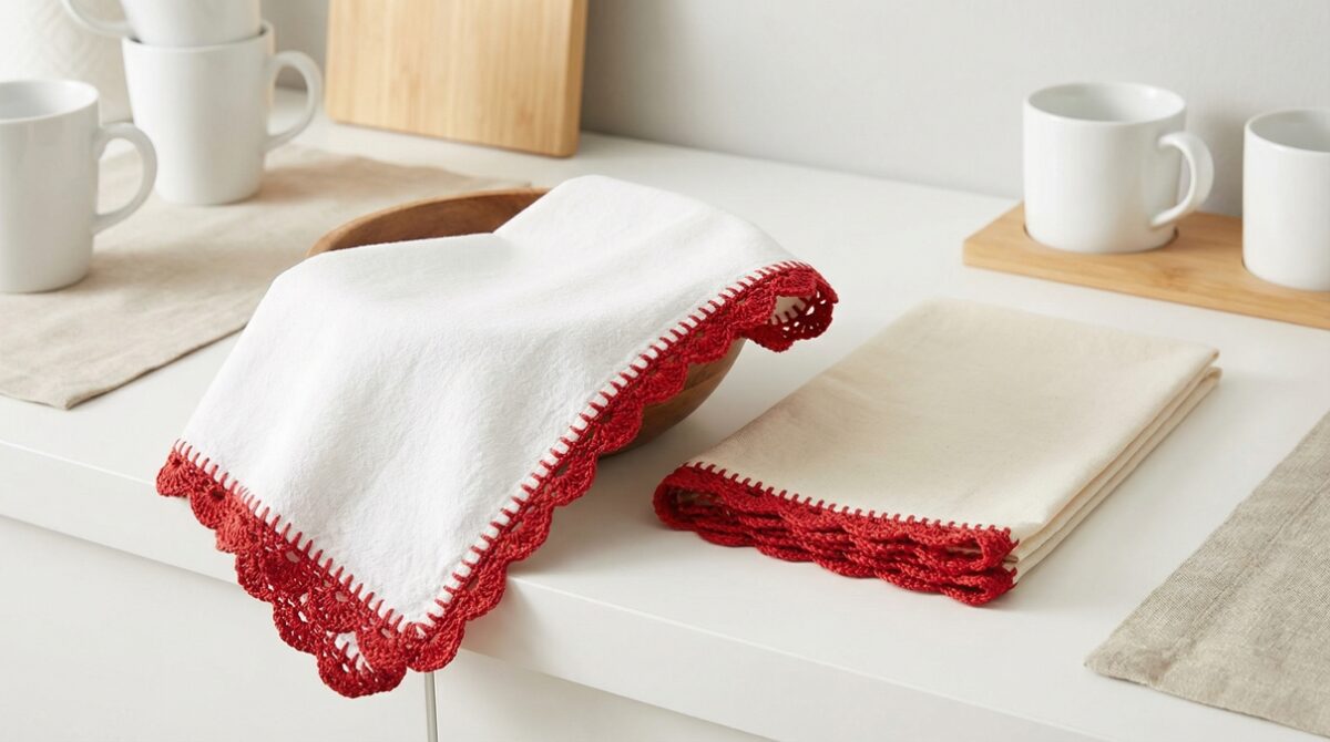 Cozinha clara com pano de prato e toalha decorativa com barrado de croche vermelho, estilo classico