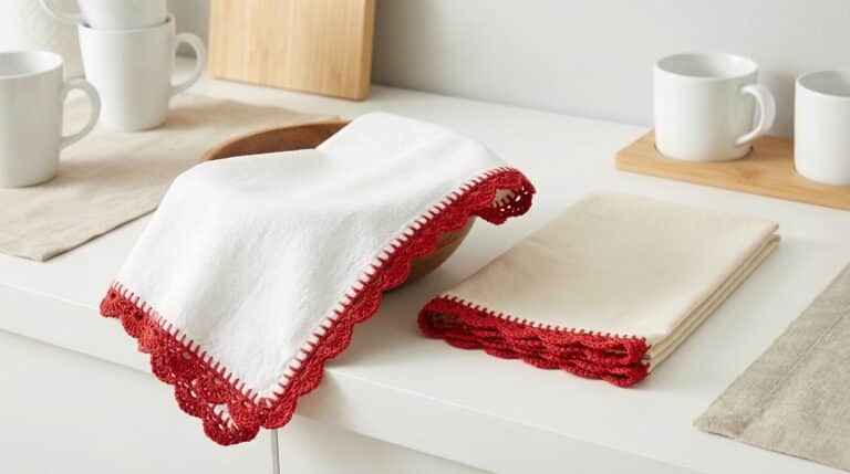 Cozinha clara com pano de prato e toalha decorativa com barrado de croche vermelho, estilo classico
