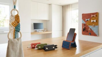 Peças de crochê multifuncionais em design moderno 2026 sobre superfície de madeira, incluindo porta papel toalha, organizadores de cabos e suporte para celular, iluminadas por luz natural.