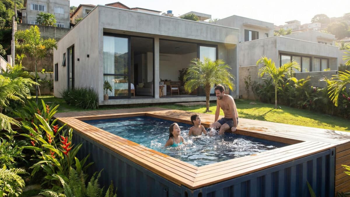 Pessoas se divertindo em piscina de container em casa