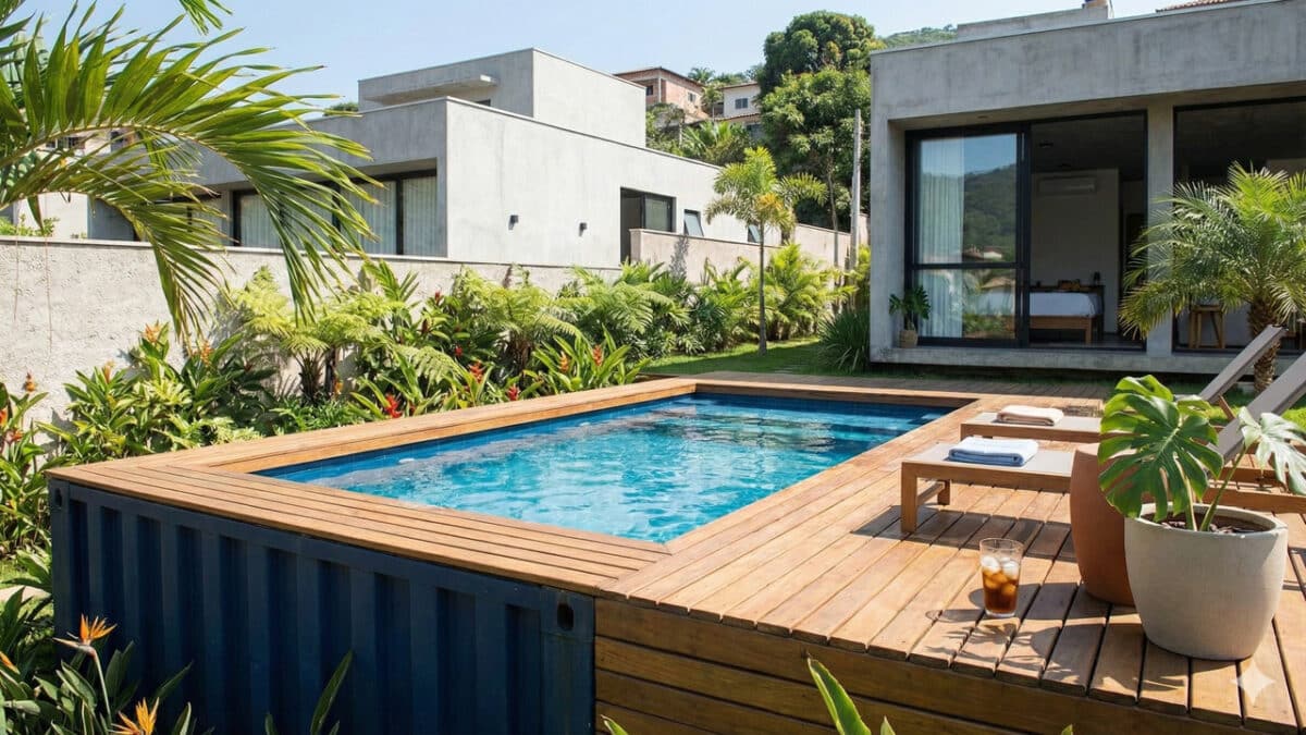 Piscina feita com container marítimo em casa