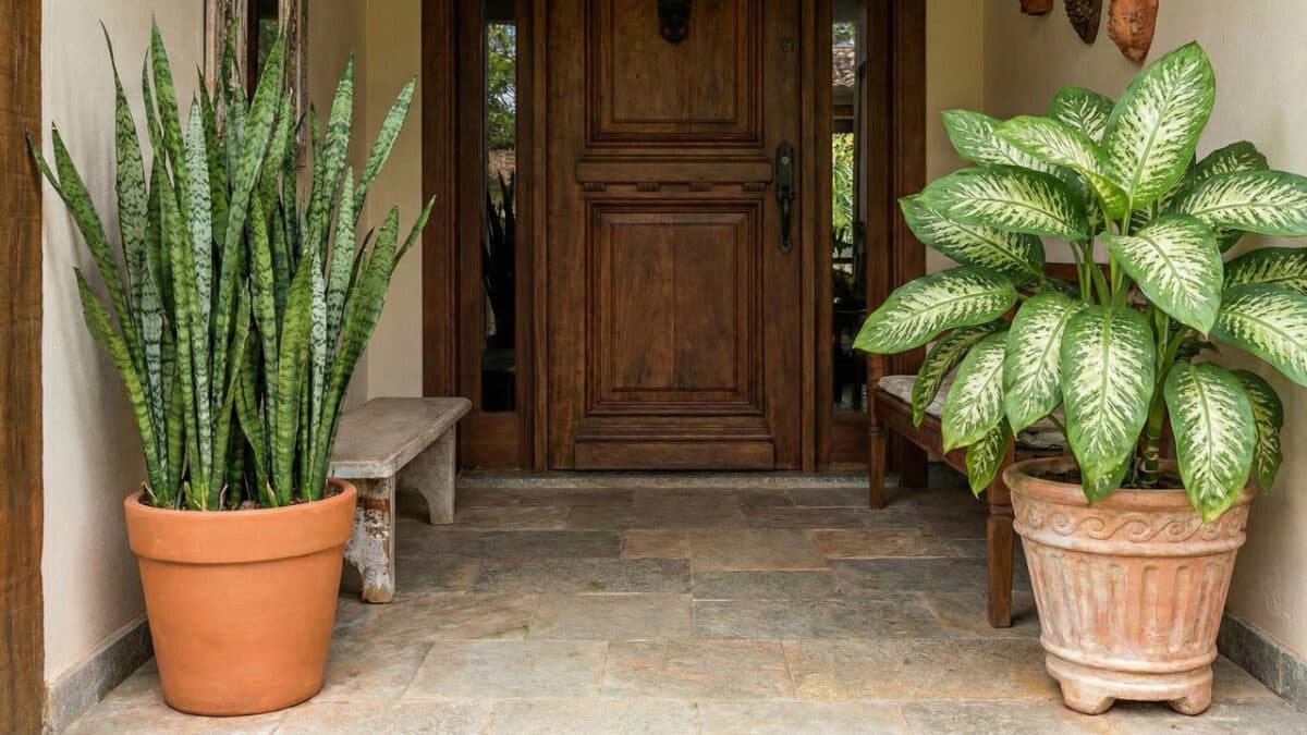 Entrada de casa rústica com porta de madeira centralizada e piso de pedra. Dois vasos de terracota grandes flanqueiam a porta: à esquerda, uma planta Espada de São Jorge alta e ereta ao lado de um banco de concreto; à direita, uma planta Comigo-ninguém-pode frondosa em um vaso ornamentado ao lado de um banco de madeira.
