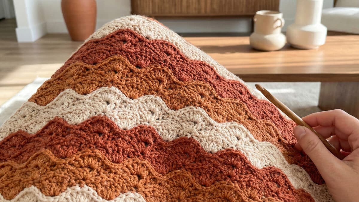 Foto em close-up de uma pessoa fazendo crochê. Em primeiro plano, as mãos seguram uma agulha de madeira sobre uma peça com o 'Ponto Chama', apresentando um padrão de ondas em degradê de cores terracota, bege e creme. Ao fundo, uma sala de estar moderna e iluminada com uma mesa de centro de madeira e vasos decorativos minimalistas.