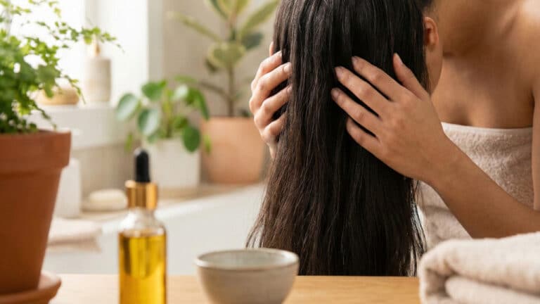 Aplicação e massagem com óleos naturais para crescimento capilar