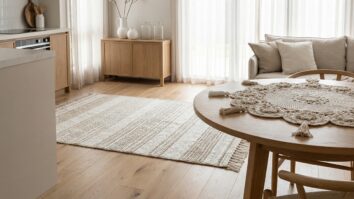 Sala integrada com tapete e centro de mesa em crochê off-white sobre madeira clara