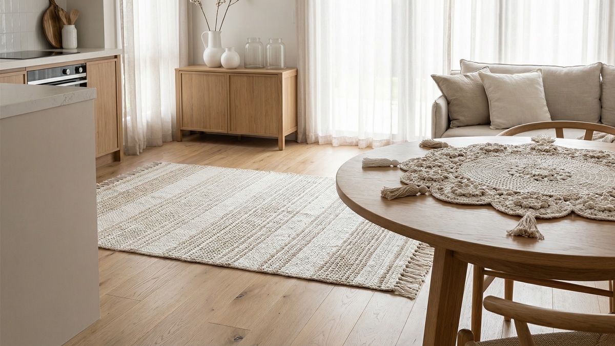 Sala integrada com tapete e centro de mesa em crochê off-white sobre madeira clara