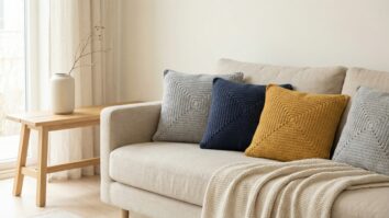 Sala de estar contemporânea em estilo minimalismo nórdico com almofadas de crochê artesanal dispostas sobre sofá neutro em tom claro, almofadas confeccionadas em fio de algodão com cores sólidas e frias — cinza suave, azul petróleo e mostarda