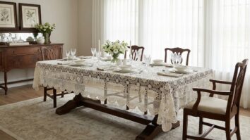 Sala de jantar clássica com mesa de madeira maciça escura adornada por toalha de mesa de crochê artesanal fina, finalizada em tom branco/cru, confeccionada em fio fino de algodão egípcio, peça apresentada como ponto focal da decoração