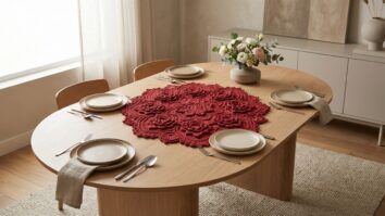 Sala de jantar contemporânea com centro de mesa em crochê artesanal finalizado em formato de mandala floral 3D, em tom vermelho, confeccionado em fio de algodão fino, peça posicionada no centro de mesa de madeira clara ou neutra, atuando como ponto focal da decoração