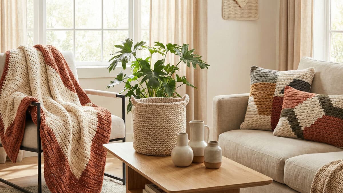 ala de estar moderna e aconchegante com iluminação natural, decorada com várias peças de crochê artesanal em tons terrosos. Uma manta grossa listrada em terracota e cru está sobre uma poltrona de design, almofadas geométricas de crochê em cores neutras e ferrugem estão no sofá bege, e um cesto de crochê grande contendo uma planta está sobre a mesa de centro de madeira."