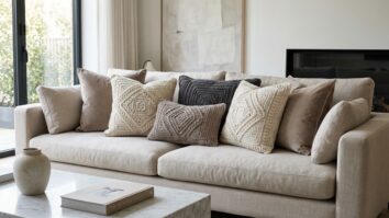 Sala de estar com almofadas de crochê em tons elegantes sobre sofá linho claro