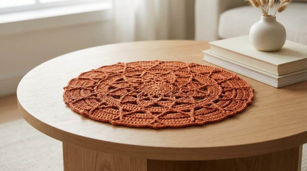 Sala de estar com centro de mesa em crochê laranja sobre mesa de madeira clara