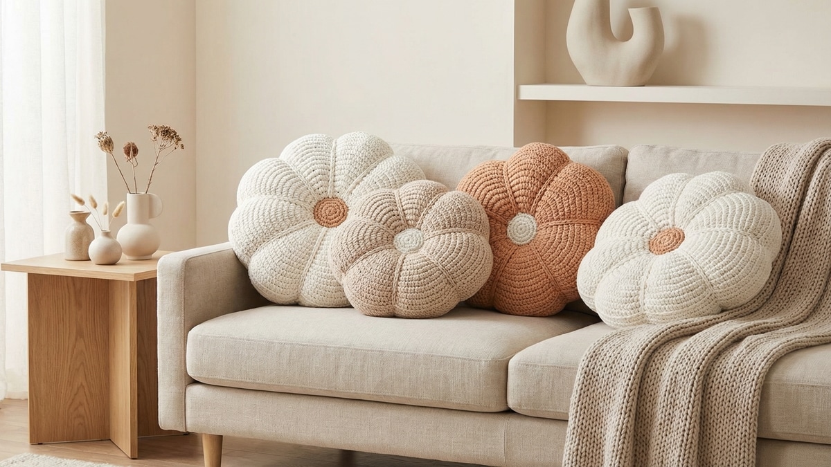 Sala de estar contemporânea com almofadas de crochê redondas artesanais, modelo flor gigante, em tons neutros elegantes (off-white, bege suave ou terracota claro).