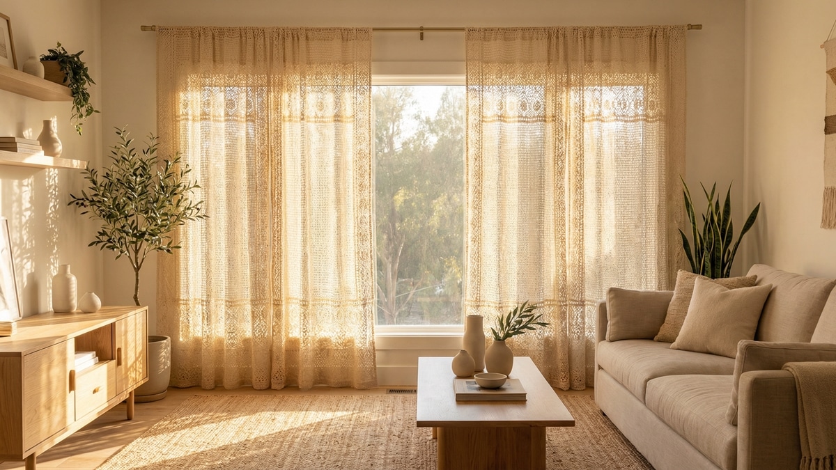 Sala de estar com cortinas de crochê em tom cru/bege, estilo boho chic. Cortinas pendidas em janela ampla, filtrando a luz natural e criando iluminação dourada suave.