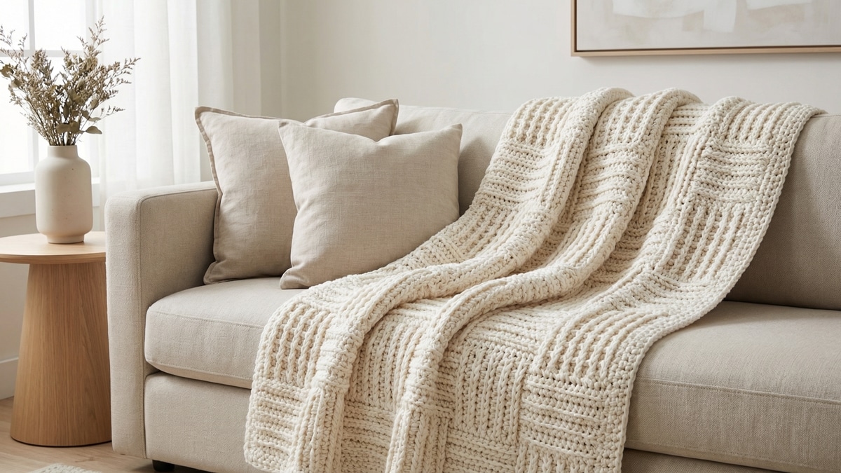 Sala de estar aconchegante e contemporânea com manta de crochê artesanal finalizada, destacando pontos em alto relevo (ponto waffle e ponto cesta), em tom neutro sofisticado (off-white ou bege natural).
