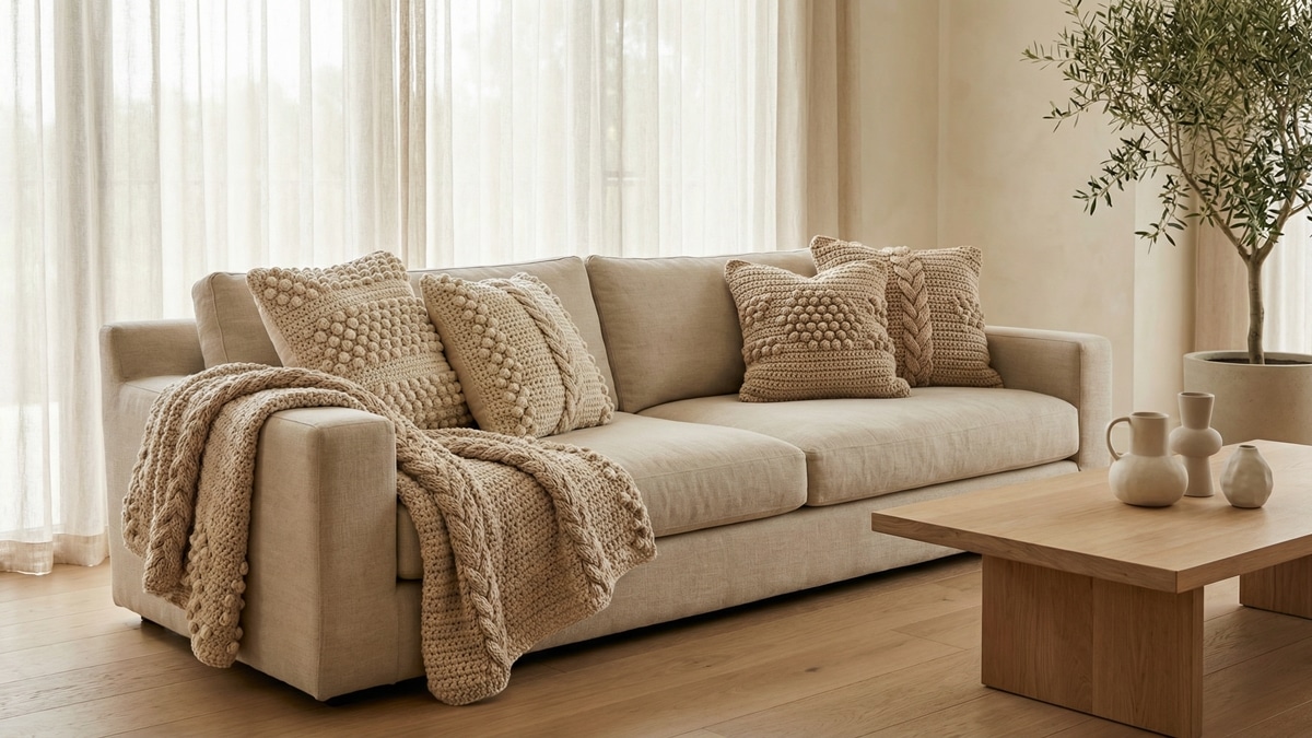 Sala de estar com manta e almofadas de crochê artesanal em tons bege sobre sofá neutro