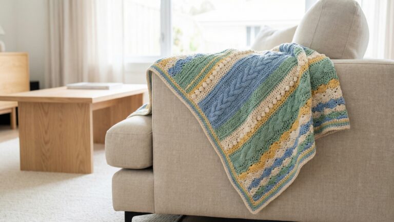 Sala de estar minimalista com manta de croche artesanal colorida sobre sofa, exibindo diferentes pontos class texturas em algodao