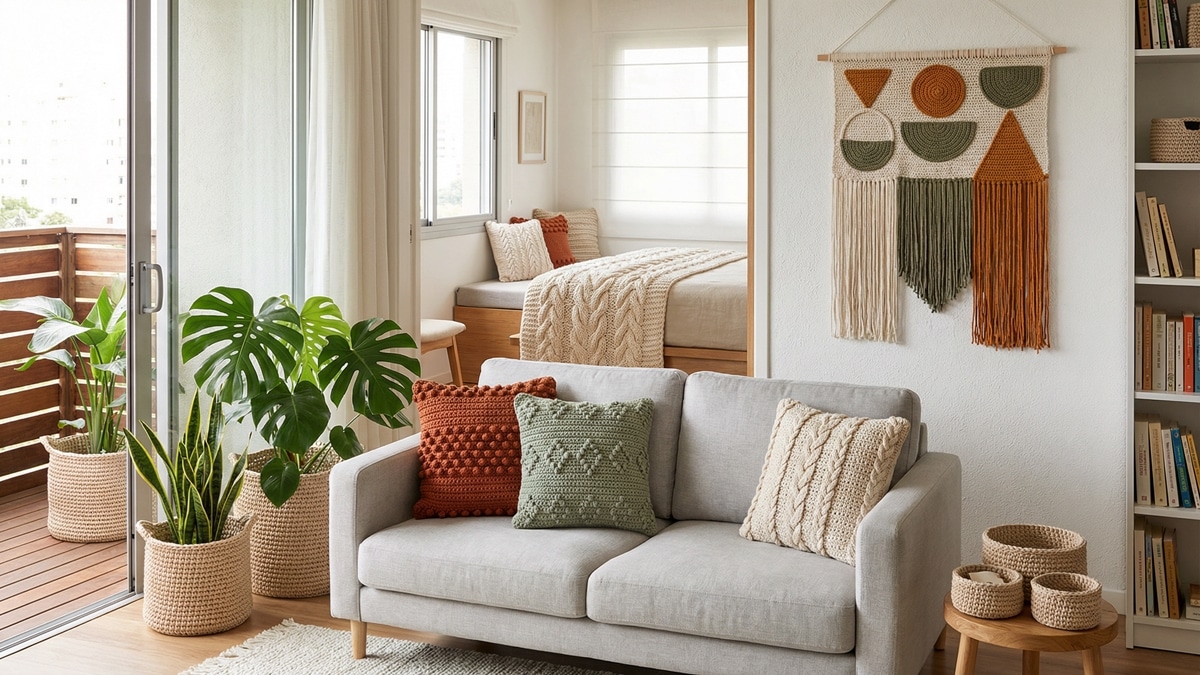 Sala integrada contemporânea decorada com múltiplas peças de crochê moderno incluindo almofadas, cestos e wall hanging