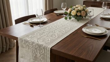 Sala de jantar luxuosa com caminho de mesa em crochê artesanal de alto padrão, técnica filé moderno com arabescos barrocos densos, em tom sofisticado off-white ou bege champagne.