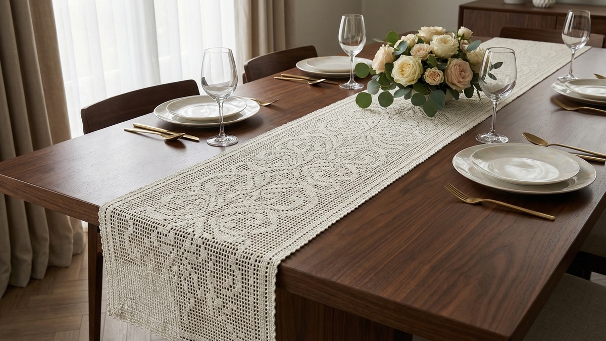 Sala de jantar luxuosa com caminho de mesa em crochê artesanal de alto padrão, técnica filé moderno com arabescos barrocos densos, em tom sofisticado off-white ou bege champagne.