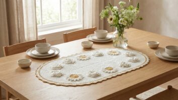 Sala de jantar acolhedora com centro de mesa em crochê artesanal finalizado, modelo motivos florais 3D, em tom branco com barrado dourado, estilo clássico artesanal.