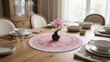 Sala de jantar clássica com centro de mesa em crochê artesanal finalizado, modelo clássico abacaxi, em tom branco/off-white, estilo atemporal.